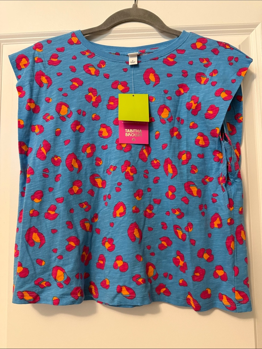 Tabitha Brown Blue Short Sleeve Tee with Pink & Orange Leopard Print
